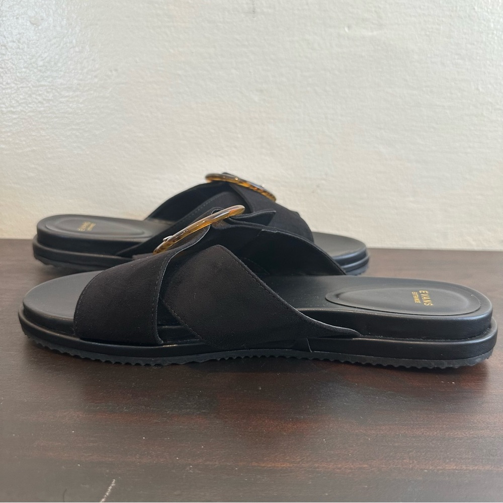 Evans Black  Extra Wide Slide Open Toe Faux Suede Buckle Sandals Size 11 - Picture 5 of 11